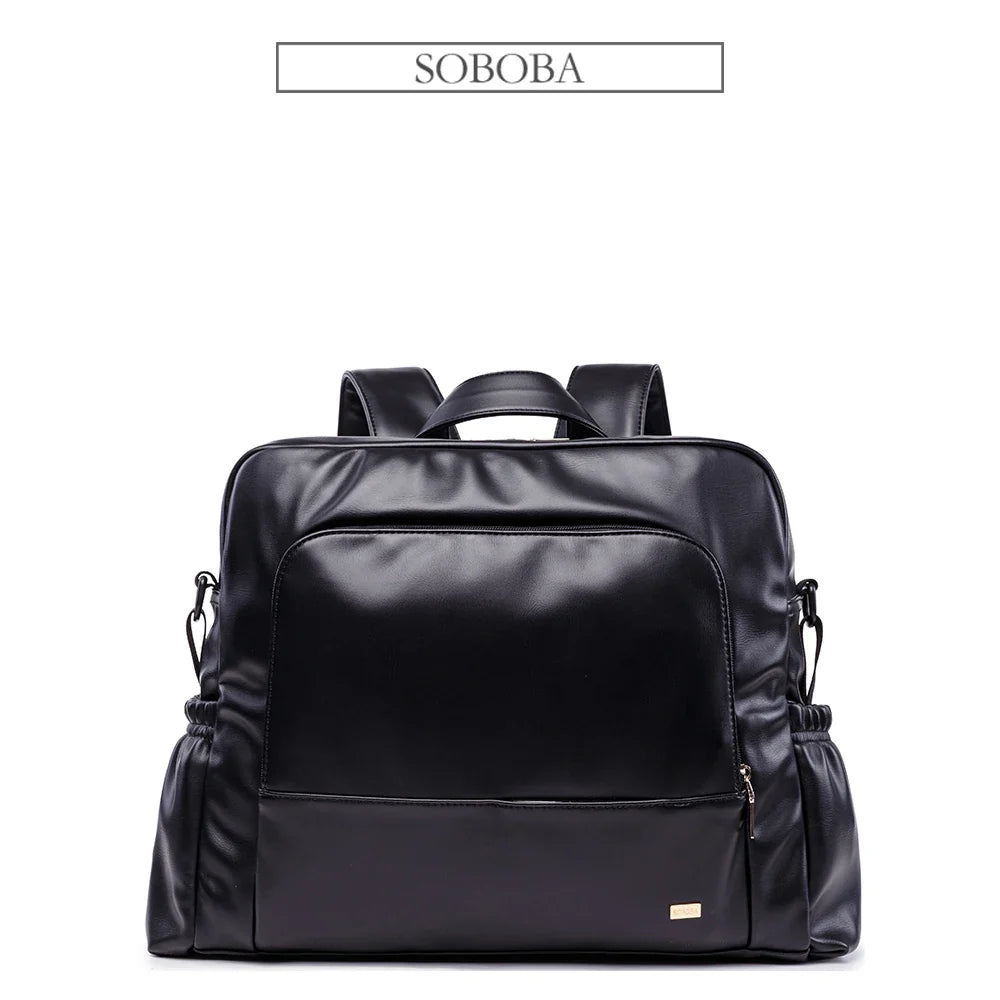 Waterproof Black Leather Diaper Bag Backpack – 24L Large Capacity Nursing Changing Bag with Zipper & Stroller Straps