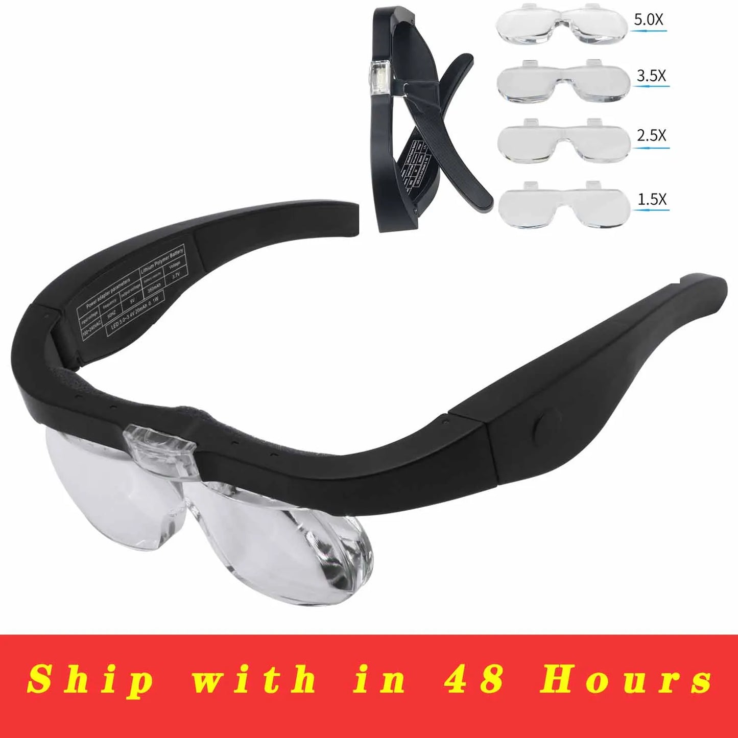 Headband Magnifying Glasses 1.5x–5x USB Rechargeable LED with 4 Interchangeable Lenses for Reading, Jewelry & Watch Repair