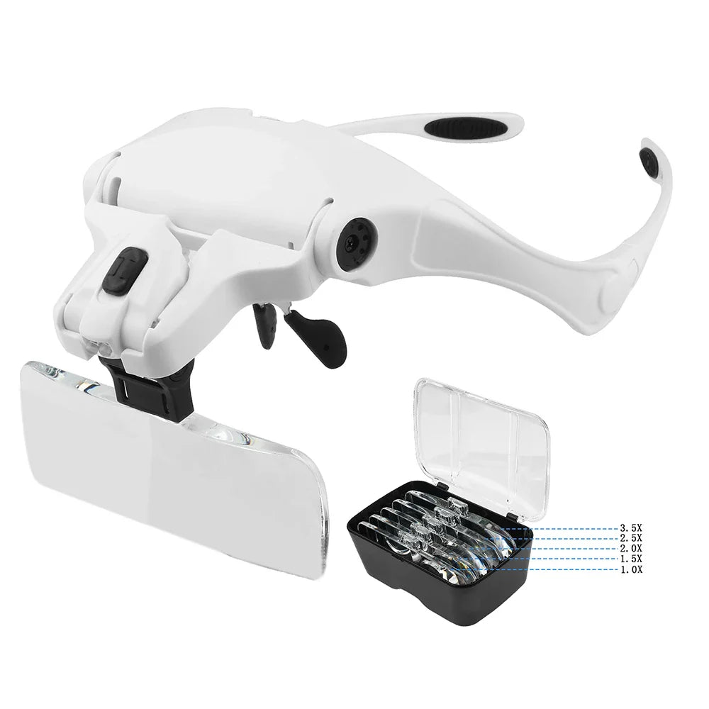 LED Headband Reading Magnifier with 5 Interchangeable Lenses (1.0x–3.5x), 2 LED Lights, Adjustable Headband & Glasses Frame