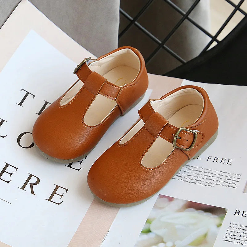 Spring and Autumn Kids T-Strap PU Leather Mary Jane Shoes Non-Slip Buckle Flats for Toddlers Girls and Boys