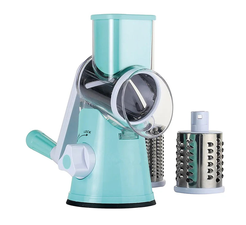 Manual Rotary Vegetable Slicer & Cheese Grater with 3 Stainless Steel Drums - Handheld Vegetable Chopper