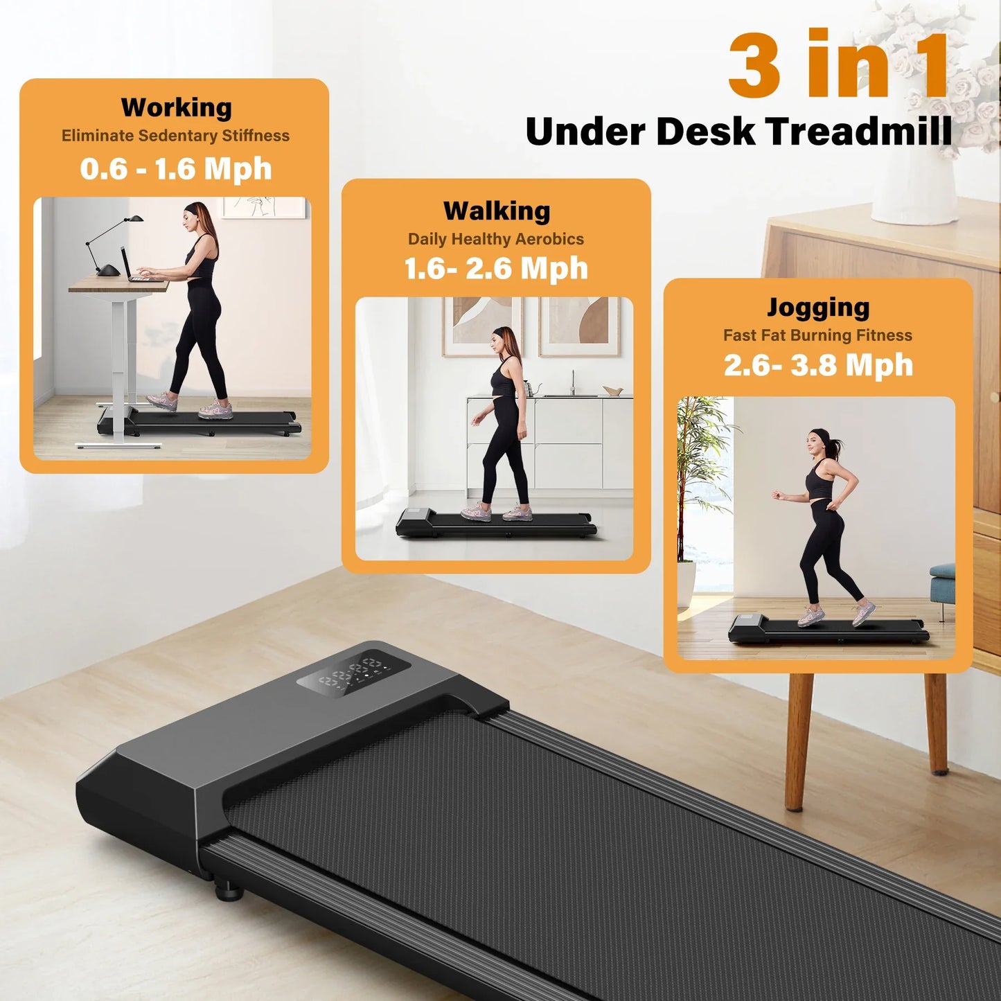 Under-Desk Treadmill Walking Pad — Quiet 2.5HP Electric Treadmill with App & Remote, LCD Display, Portable Low-Profile for Home Office and Light Jogging