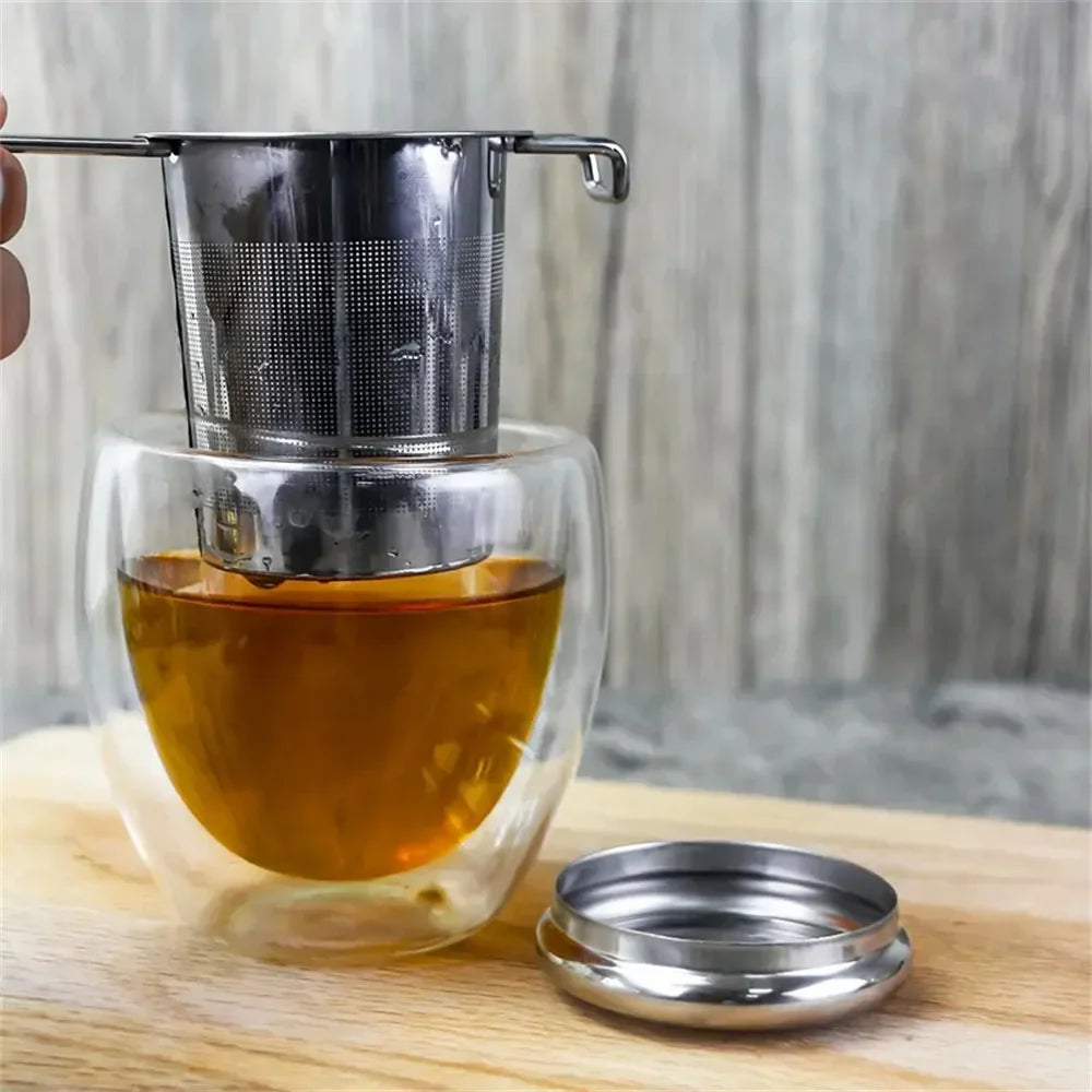 Premium Stainless Steel Tea Infuser with Folding Handle and Lid - Anti-Scald Loose Leaf Strainer