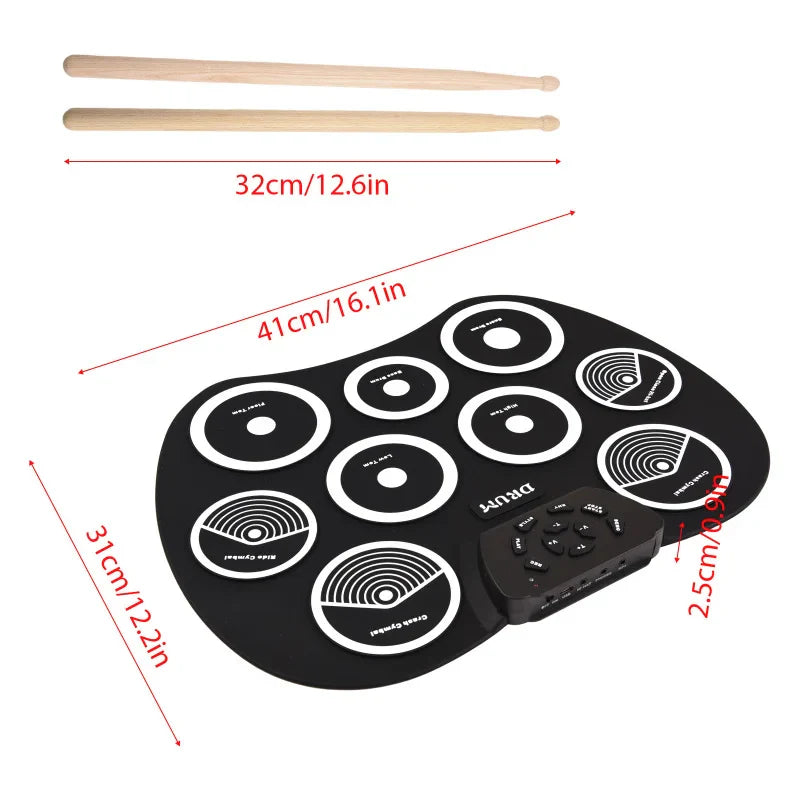 Portable 9-Pad Roll-Up Electronic Drum Set USB MIDI with Pedals & Drumsticks