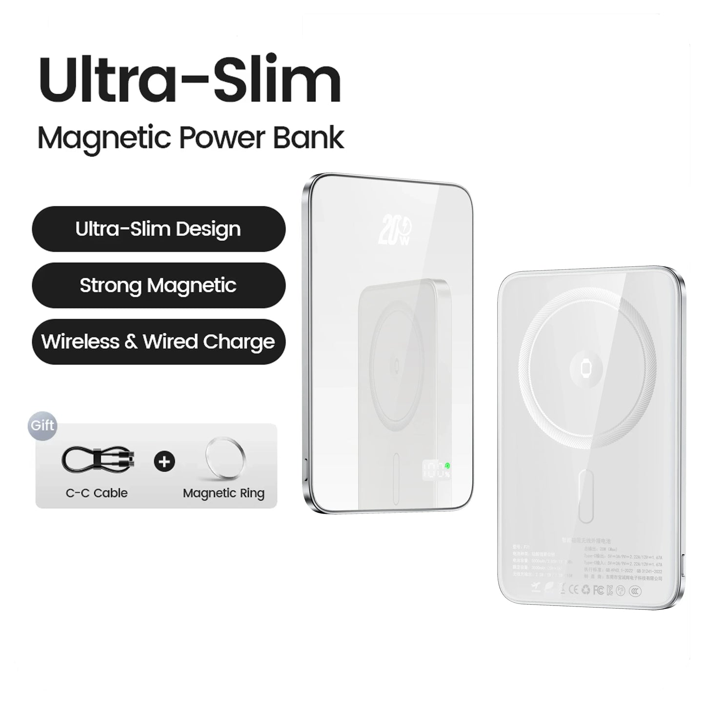 Magnetic 10,000mAh 20W Wireless Power Bank — MagSafe-Compatible Slim USB-C Portable Charger for iPhone, Apple Watch & Samsung