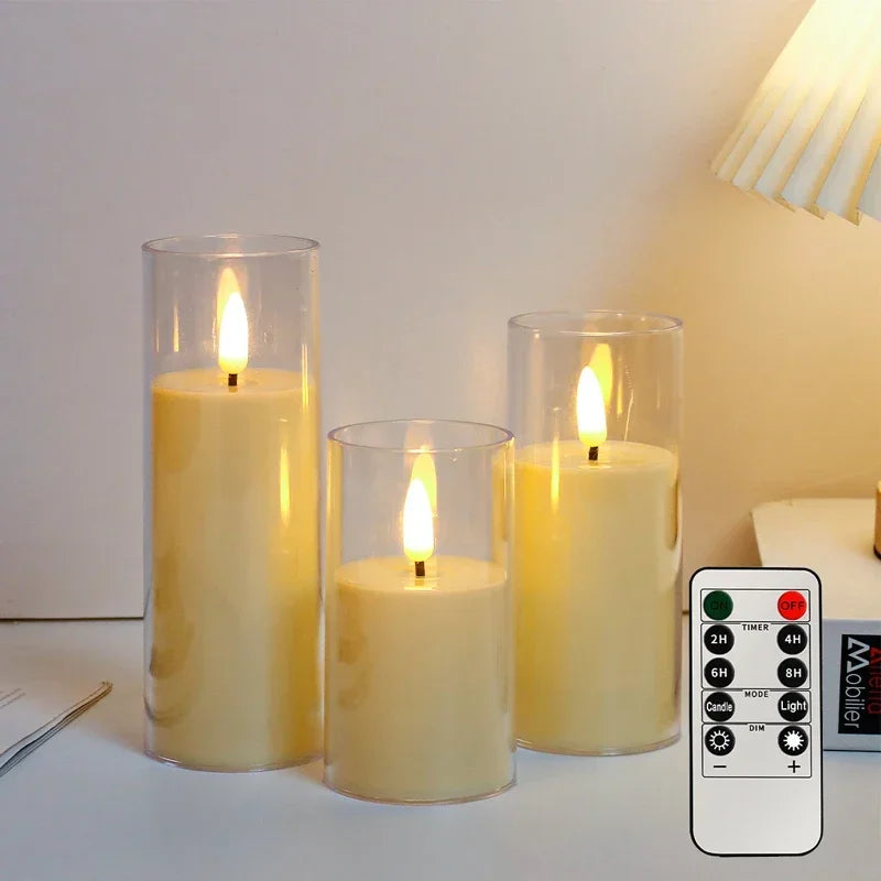 3-Piece Acrylic Flameless LED Candles with Remote & Timer, Flickering Battery-Operated Clear Glass Effect for Wedding, Party & Christmas
