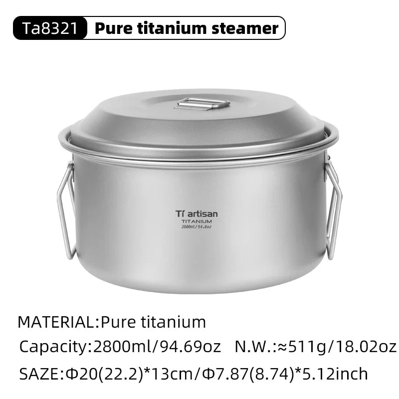Titanium Camping Soup Pot Set 2.1L & 2.8L Lightweight Steamer with Steam Compartment - Multi-Functional Outdoor Cookware