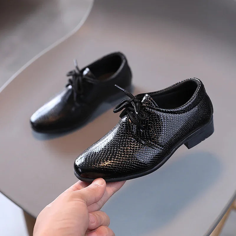 Boys Black and White PU Leather School Shoes – Lace-Up Formal Flats for Uniform, Performance and Casual Wear