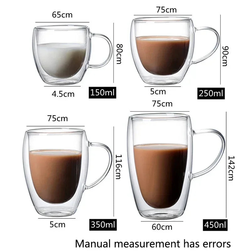 Heat-Resistant Double Wall Glass Cup 80–450ml (2.7–15.2 fl oz) Insulated Clear Glass Coffee Tea Beer Mug