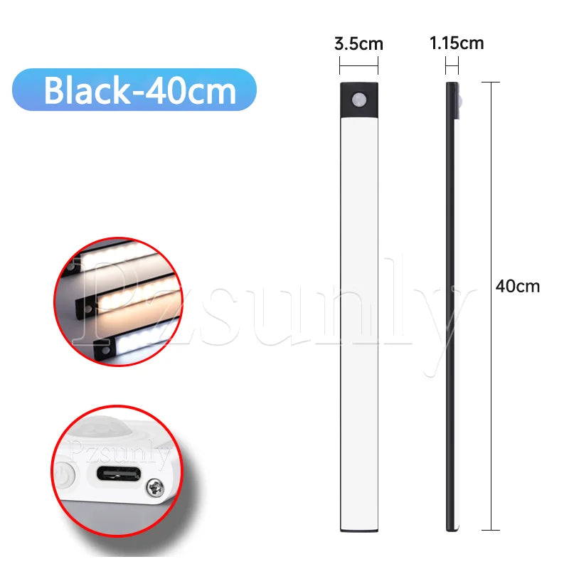 USB Rechargeable LED Motion Sensor Bar Light — Dimmable 3-Color Under-Cabinet Night Light, 10/20/30/40/50 cm (4–20 in)