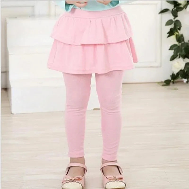 Girls Skirted Leggings - Cotton-Blend Ruffled Cake Skirt Pants for Ages 3–11 (Spring/Autumn)