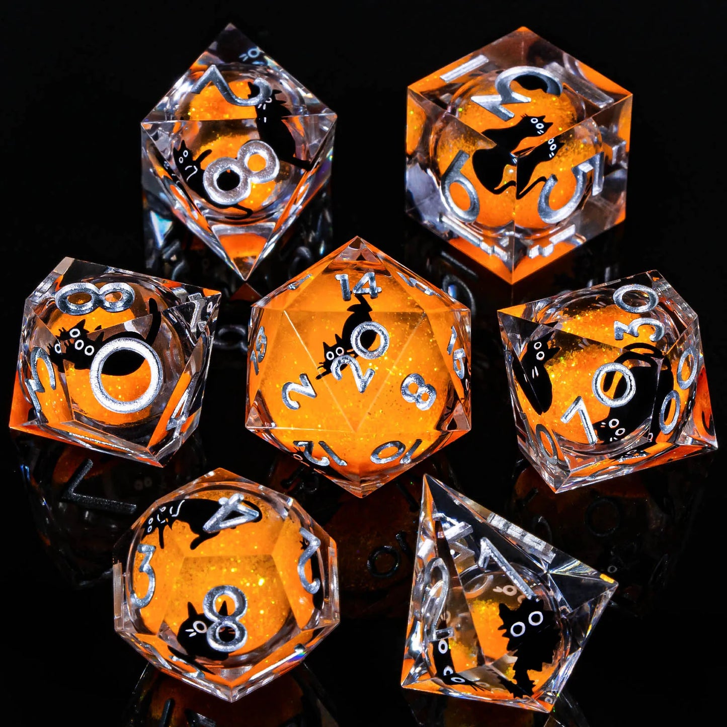 Liquid-Core Cat Resin 7-Piece RPG Dice Set — Sharp-Edge Polyhedral D20 D12 D10 D8 D6 D4 for Dungeons & Dragons & Tabletop