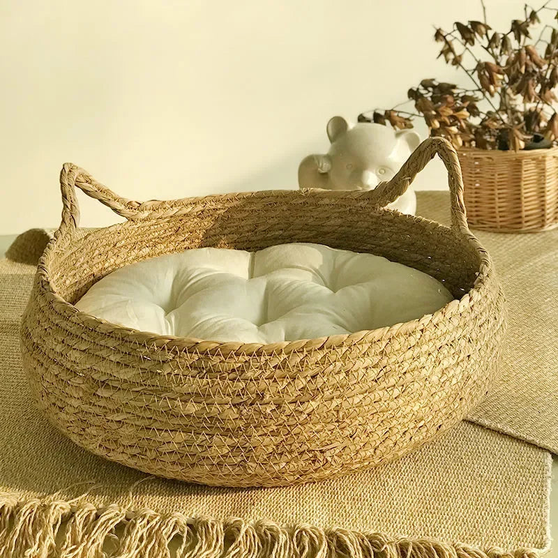 Handmade Vine-Woven Cat Nest Bed with Detachable Washable Pad, Four-Seasons Natural Straw Pet Bed