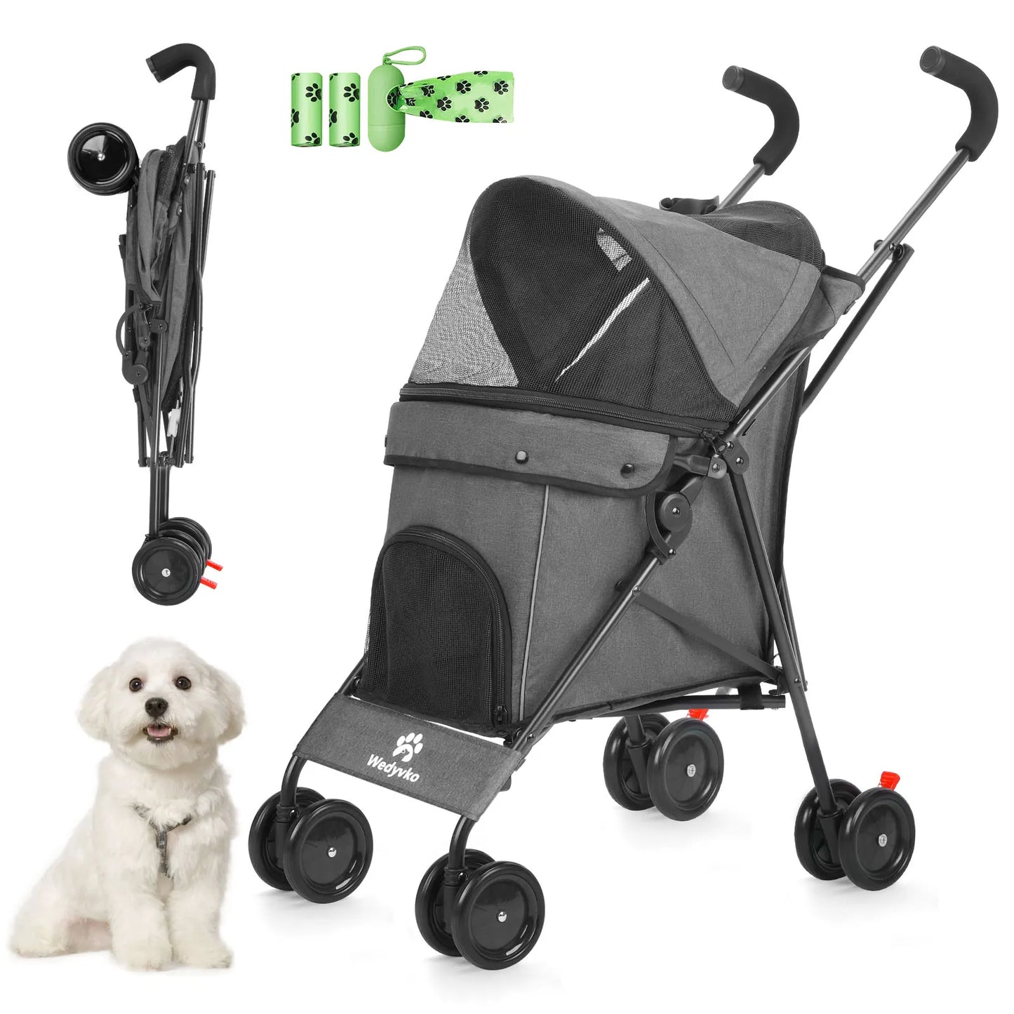 4-Wheel Pet Stroller for Dogs & Cats with Rotating Front Wheels, Brakes and Storage for Travel & Outdoor