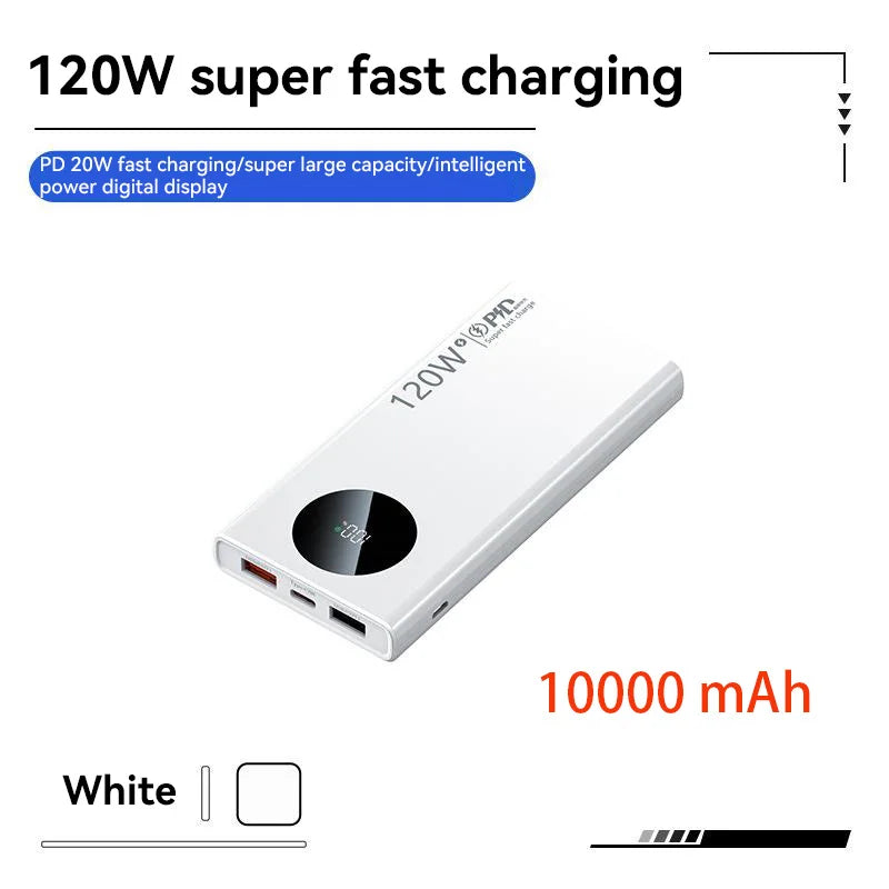 120W Fast Charging Power Bank — Portable Battery 10000/30000/50000mAh with Built-in Cable & LED Display