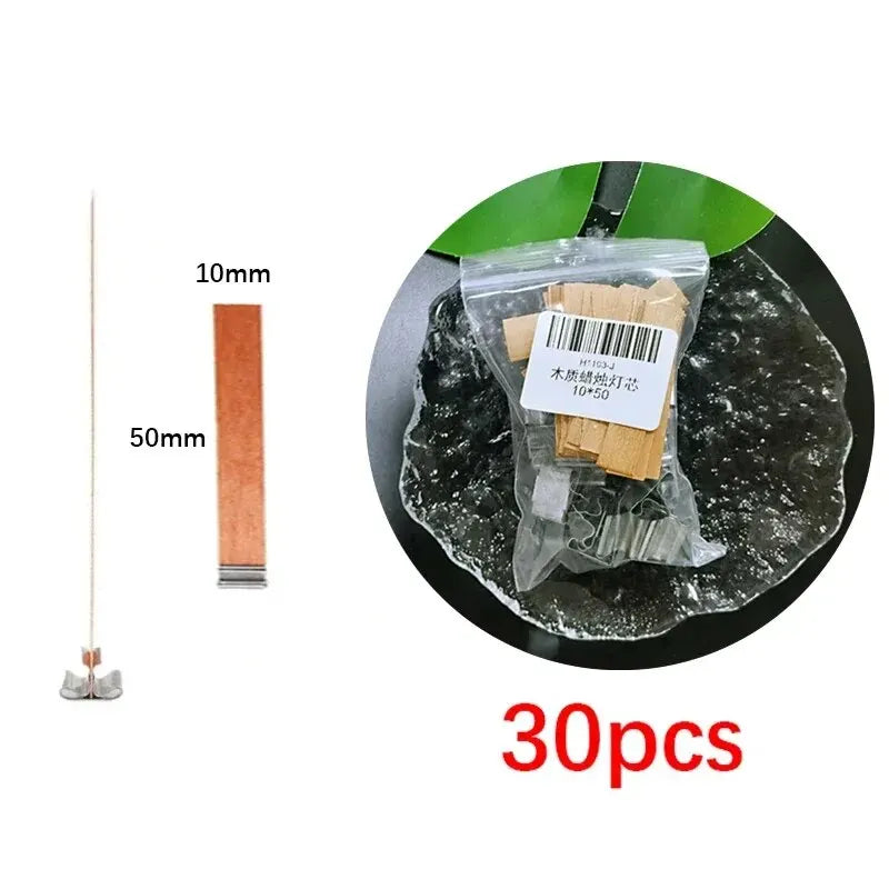 30-Pack Premium Wooden Candle Wicks with Metal Clip Bases for Candle Making – Paraffin & Beeswax Smokeless Wicks