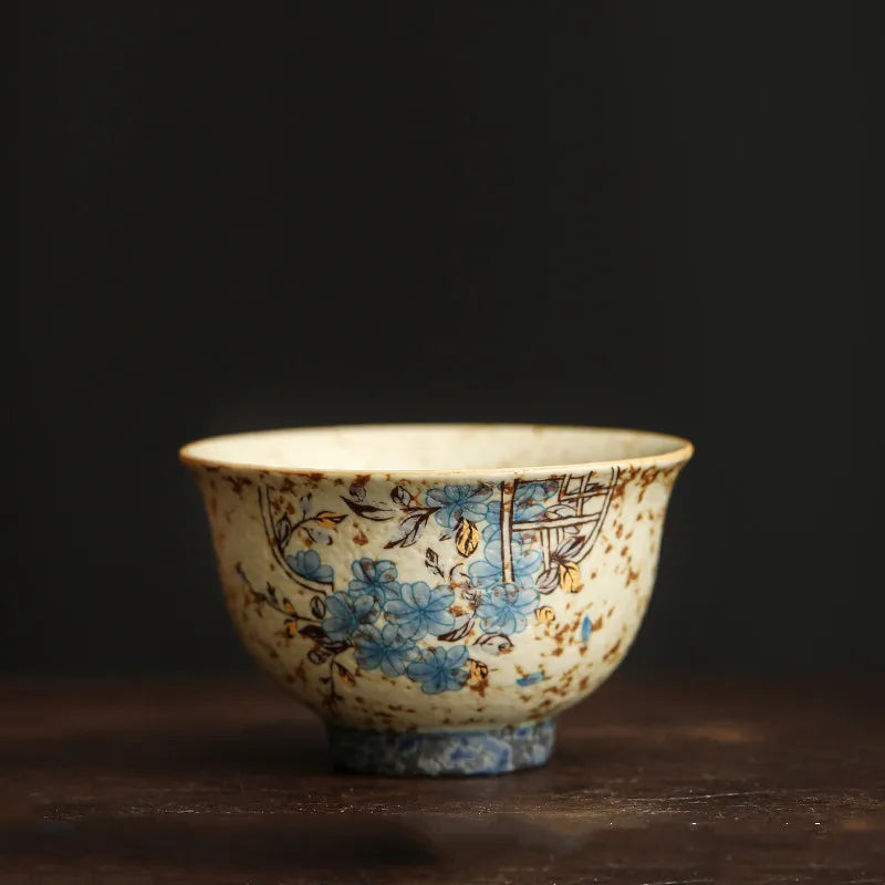 Handmade Floral Ceramic Tea Cup 45ml (1.5 fl oz) - Vintage Travel Teacup for Personal Tea & Meditation, 1-Pack