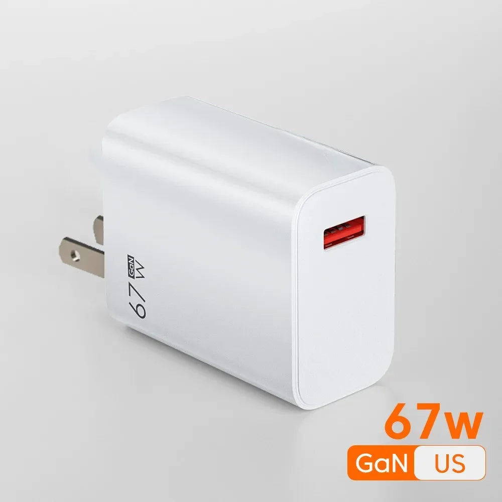 67W GaN USB-C Fast Charger with EU/US/UK Plugs & 10A Type-C Cable, Fast PD Charging for iPhone Samsung Xiaomi Huawei