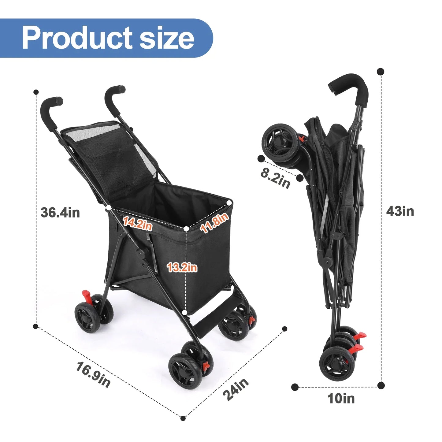 Folding Multifunctional Shopping Cart and Pet Stroller Portable Lightweight Trolley for Market and Picnic