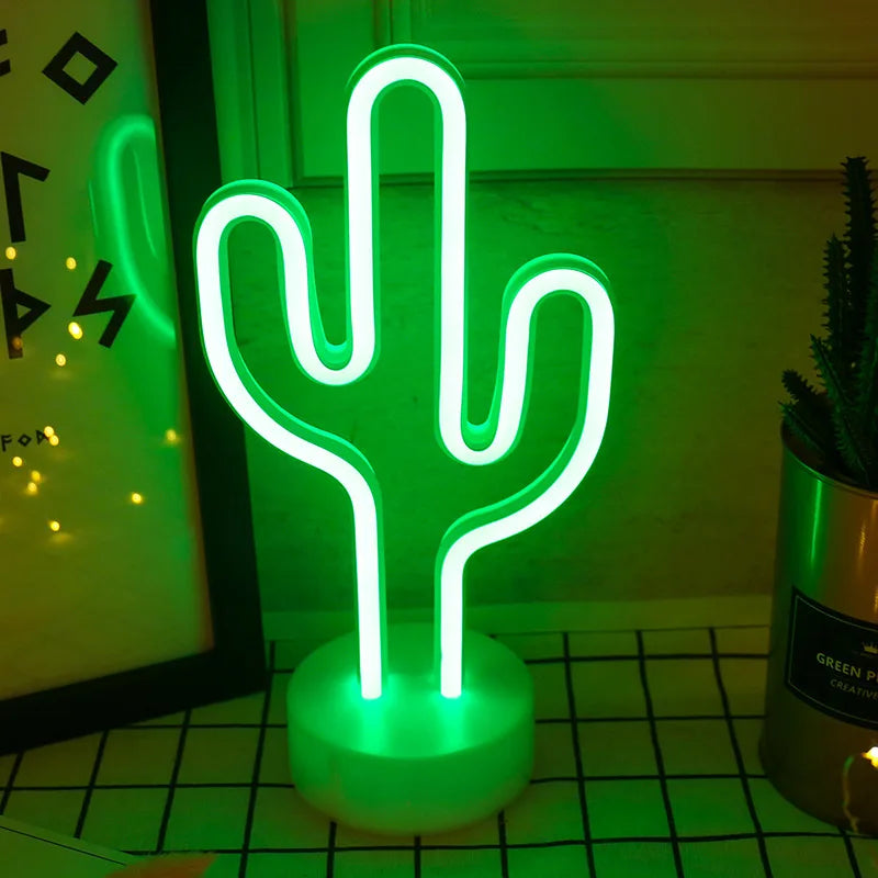 Green LED Cactus Neon Table Lamp with Base - Decorative Bedroom Night Light for Wedding & Party Decor