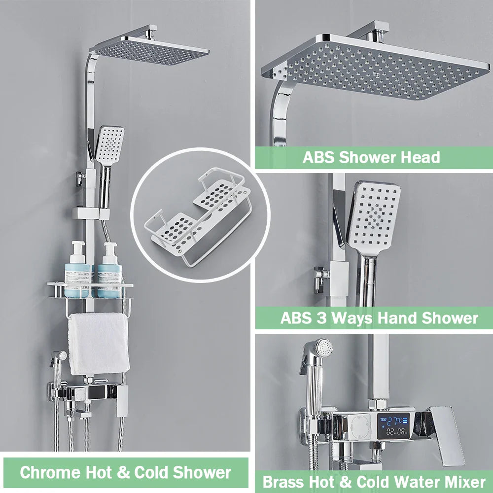 Black Digital Thermostatic Shower System 10-Inch (25.4 cm) Rainfall Head 4-Way Mixer with Digital Display, Slide Bar Shelf & Bidet Faucet