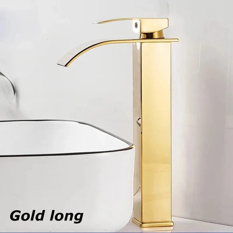 Black Waterfall Bathroom Basin Faucet – Stainless Steel Deck-Mounted High-Low Mixer Tap, Hot & Cold
