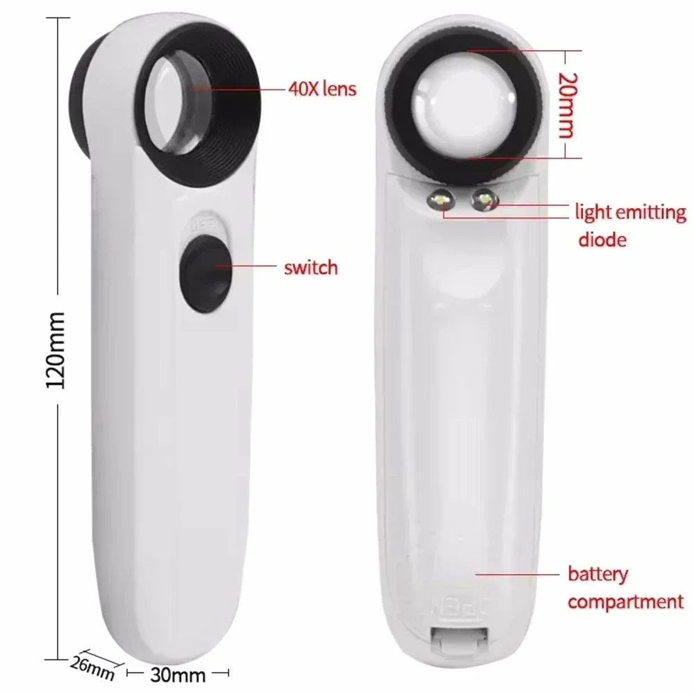 40X Handheld Magnifying Glass with 2 LED Lights for Jewelry Stamps Maps Circuit Board Inspection
