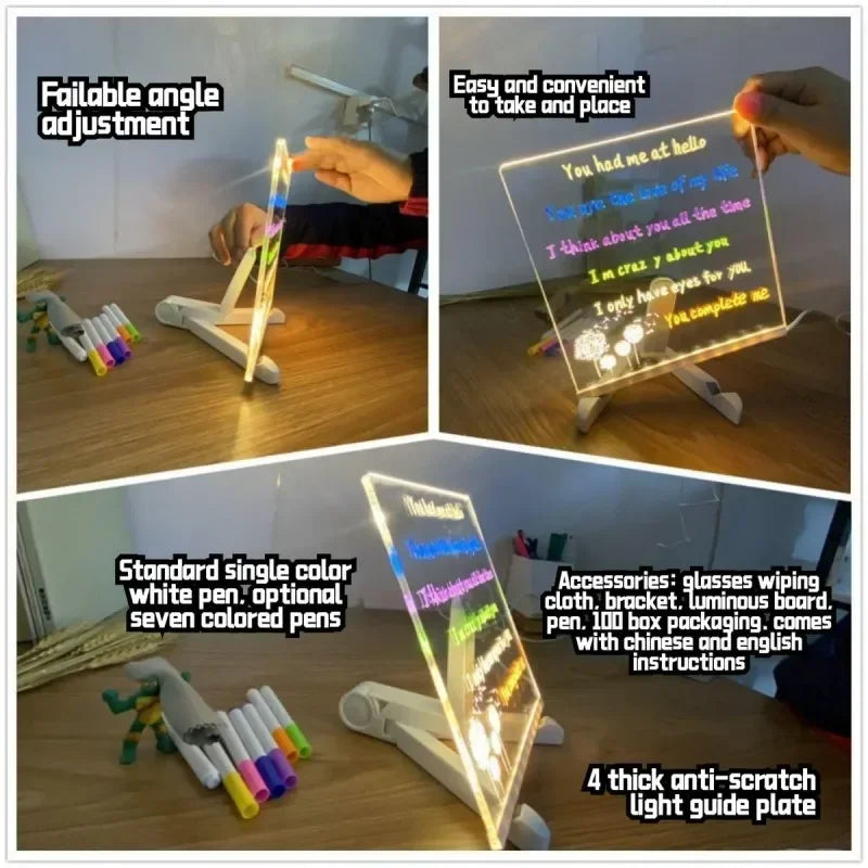 LED Acrylic Message Board — Erasable USB Night Light Drawing Board for Kids, DIY Birthday Gifts & Bar Signs (6.1×6.1 / 8.1×8.1 / 12×8.1 in)