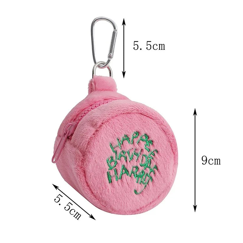 Pink Kawaii Mini Plush Coin Purse – Cute Cake Design Earphone & Cord Storage Pouch with Keychain