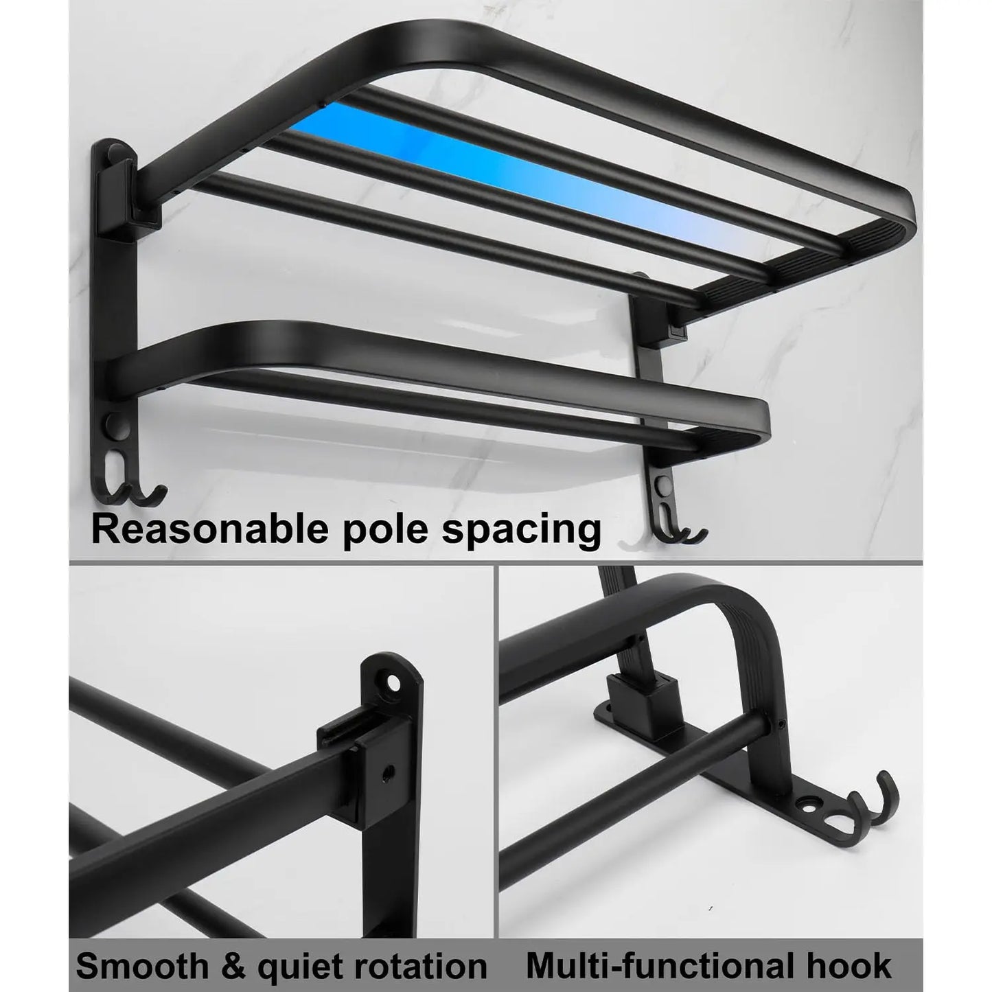 50 cm (19.7 in) Matte Black Folding Wall-Mount Aluminum Towel Rack with Hook, Double Bar