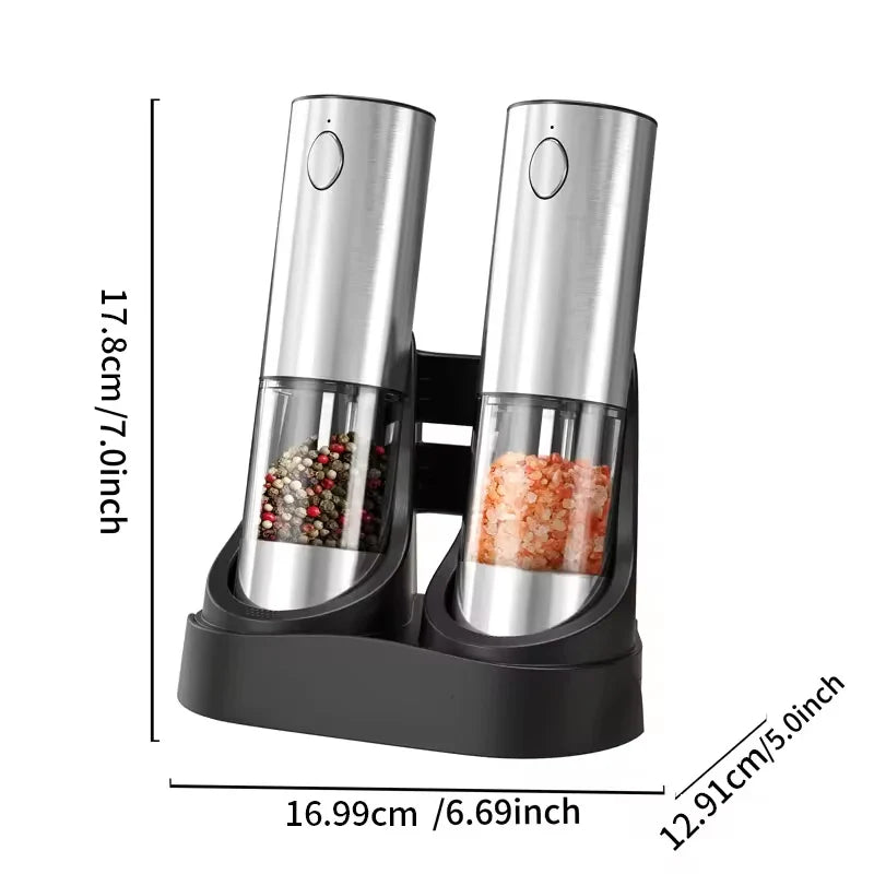 2-Pack Electric Salt and Pepper Grinders 190 ml (6.4 fl oz) USB Rechargeable Stainless Steel Spice Mills, Adjustable Coarseness, Ceramic Core, LED Indicator