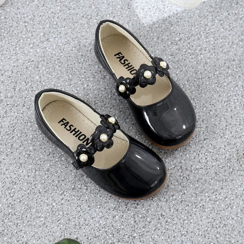 Girls Floral PU Leather Dress Flats with Flower Applique – Princess Party Shoes (EU Sizes 26–36)
