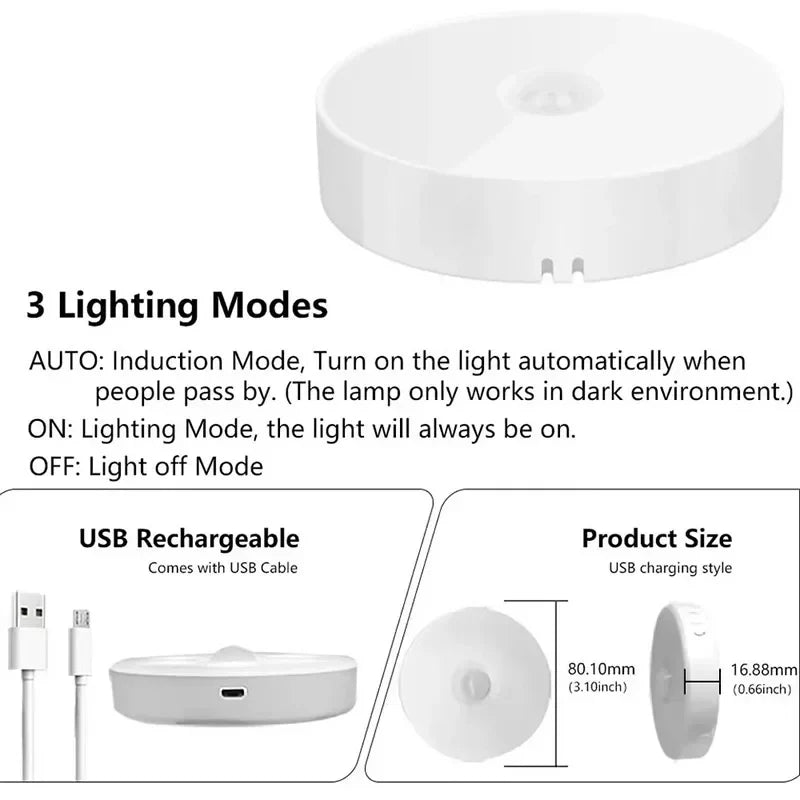 2-6 Pack Motion Sensor LED Night Lights - USB Rechargeable 3-Color Cabinet Closet Staircase Wireless Lamp