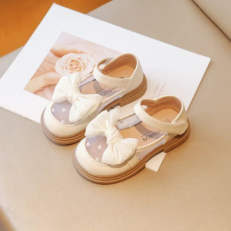 Girls Princess Bow Lace Dress Flats - PU Leather Kids Wedding Shoes Sizes 23-35 (Insole 14.6–21.5 cm | 5.75–8.46 in)