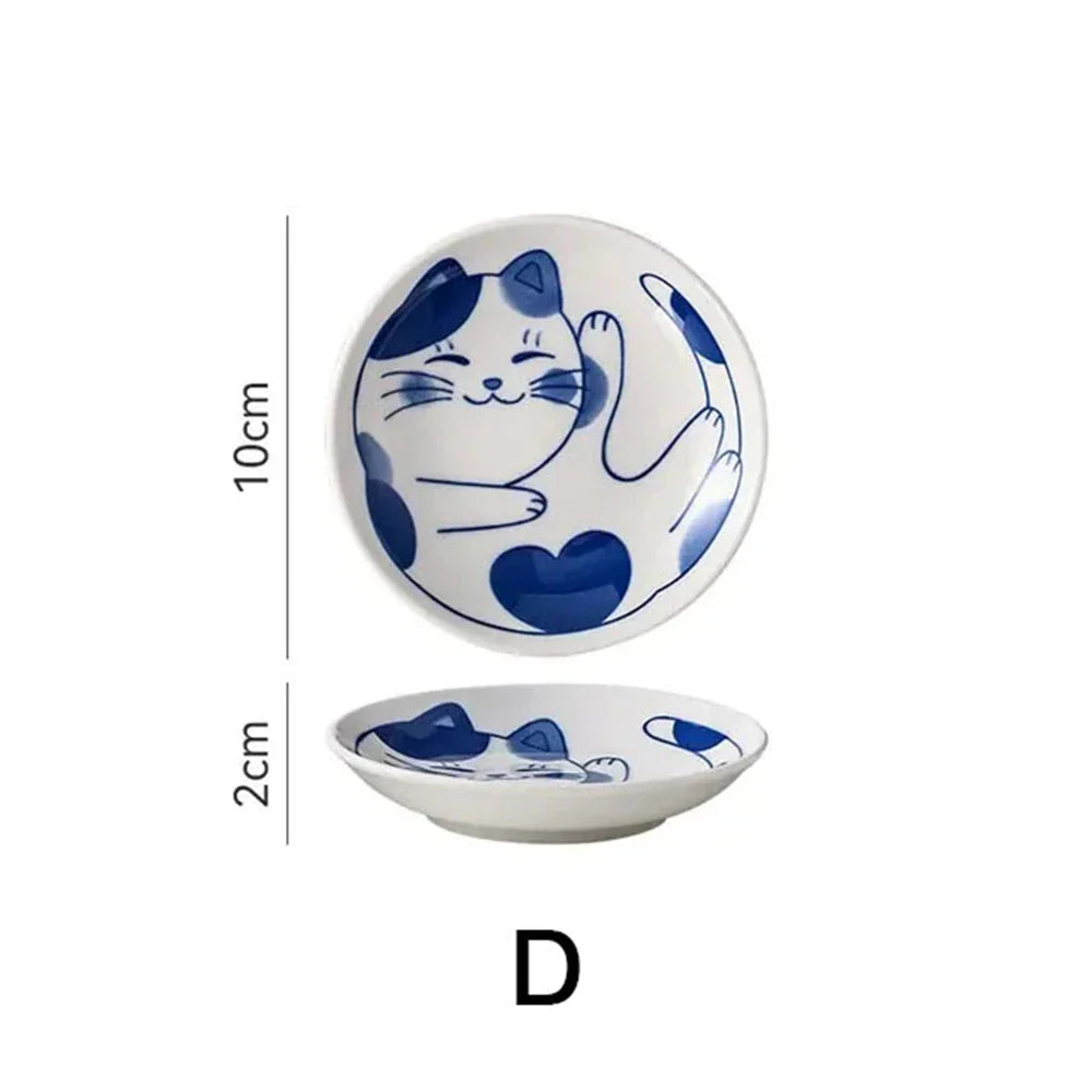 Japanese-Style Ceramic Lucky Cat Sauce Dish - Cute Dessert & Sushi Plate (1 or 4-Pack)