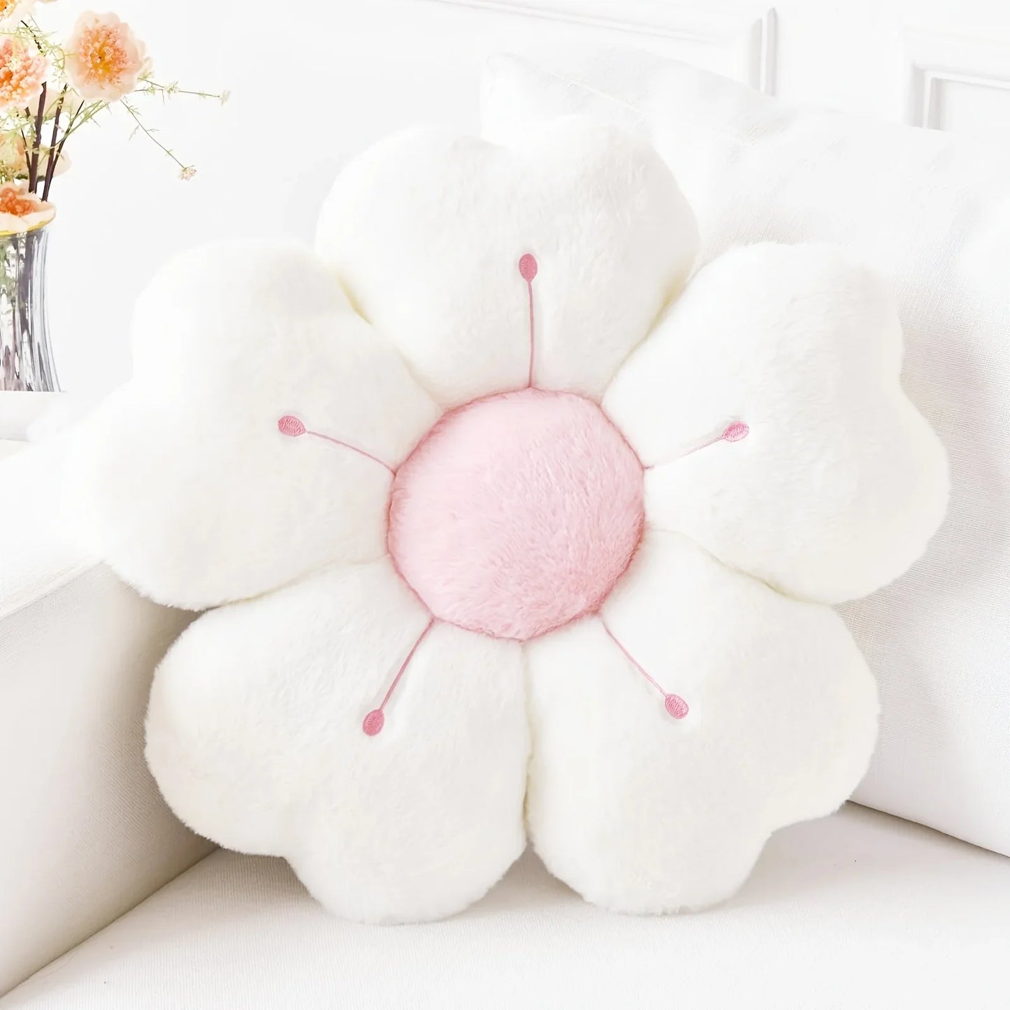 Plush Daisy Throw Pillow - Soft Decorative Cushion for Bed & Sofa, White/Pink Floral