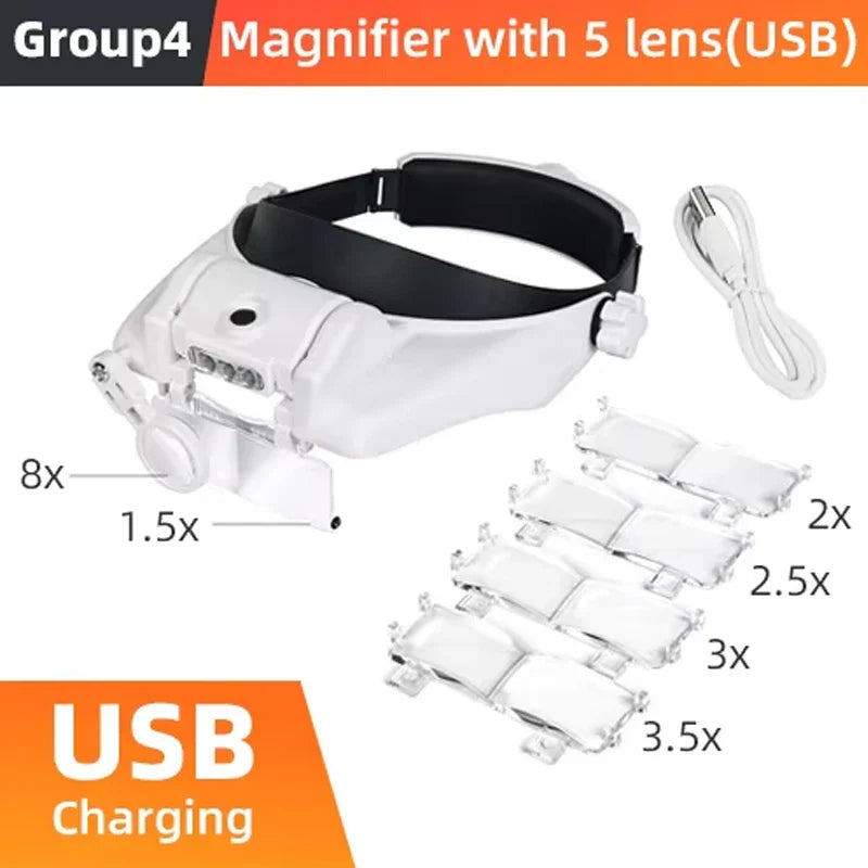 LED Headband Magnifier 1.5x/2x/2.5x/3x/3.5x/8x Hands-Free Magnifying Glasses for Jewelry, Watch & Electronic Repair