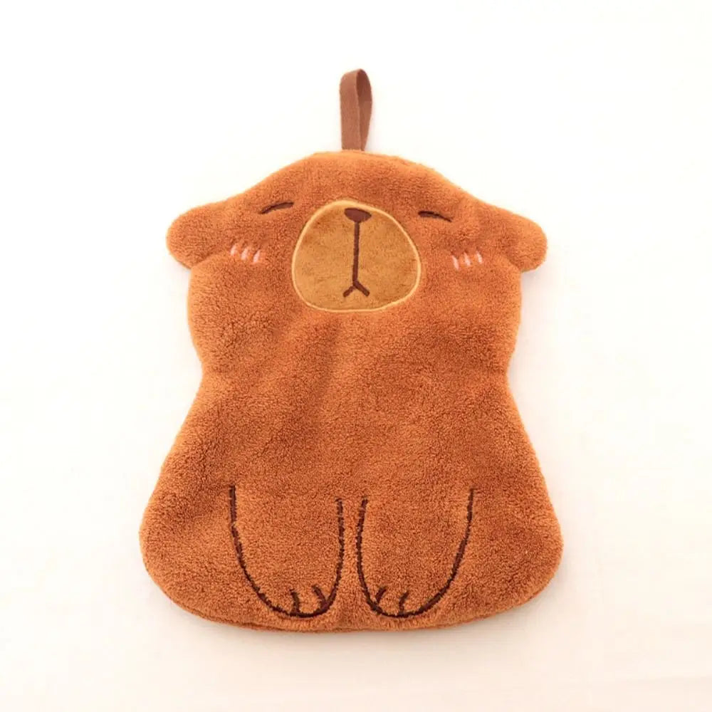 Cartoon Capybara Coral Velvet Hand Towel - Wall-Mounted Absorbent Kids Washcloth & Kitchen Rag, 28 x 34 cm (11.02 x 13.39 in)