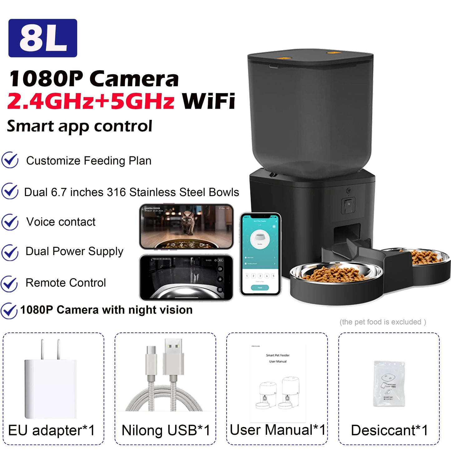 8L Automatic Pet Feeder with 1080P Camera, 2.4/5GHz WiFi, Stainless Steel Bowl, App Control & Voice Recorder