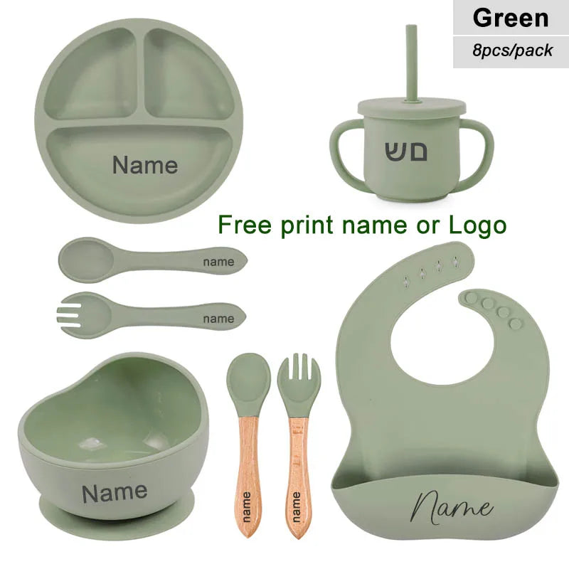 8-Piece Silicone Baby Feeding Set with Suction Plate, Bowl & Straw Cup — Personalized Kids Tableware, BPA-Free