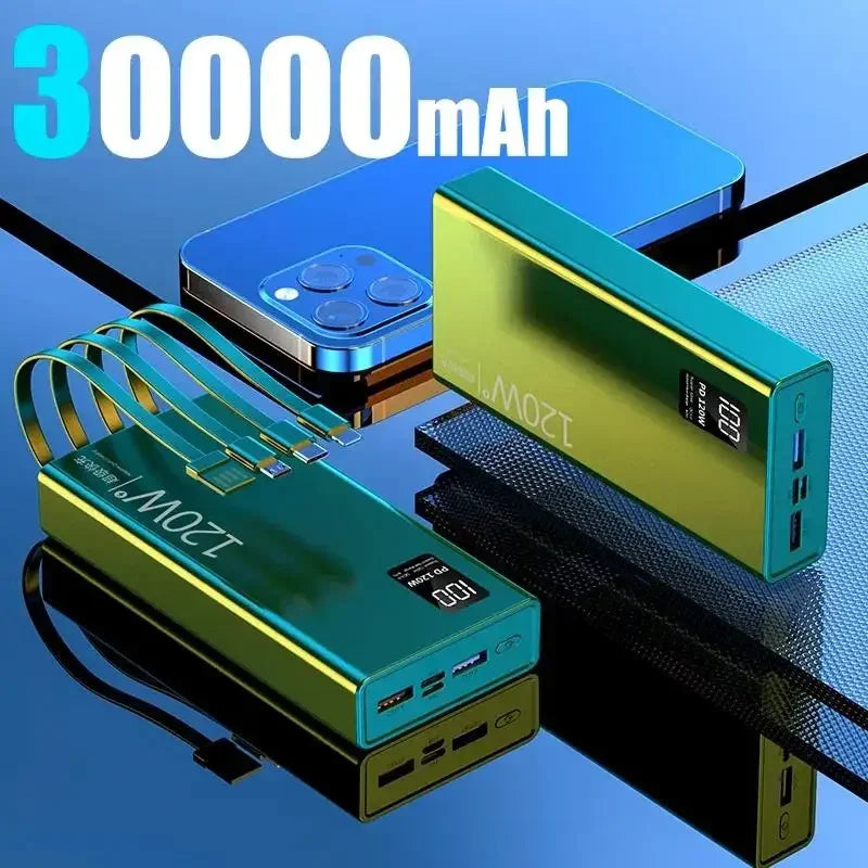 120W 50,000mAh Power Bank with Built-In 4-in-1 Cables — Fast Portable Charger with LED Display
