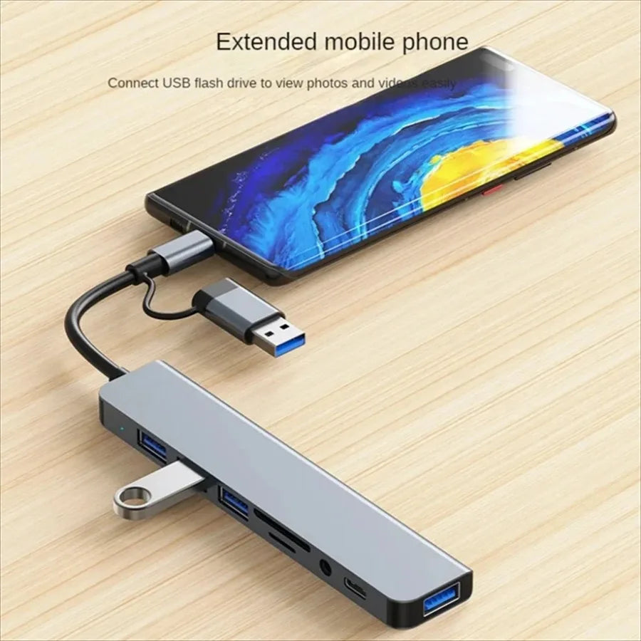 8-in-2 USB-C Hub Docking Station with Micro SD/TF Card Reader, 3.5mm Audio & USB 3.0/2.0 Ports