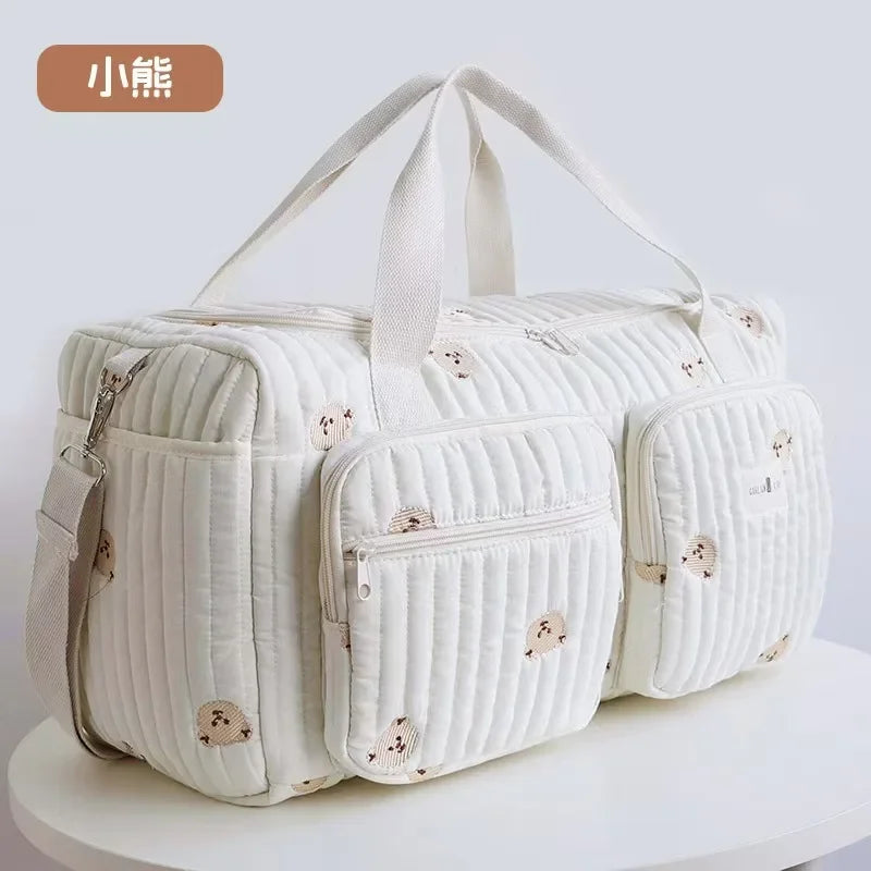 Bear Embroidery Diaper Bag - Beige Cotton Mommy Bag, 48 x 22 x 26 cm (18.9 x 8.7 x 10.2 in), Zippered Messenger Baby Bag