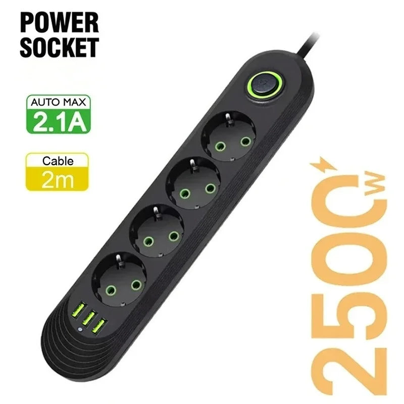 2500W EU Plug Power Strip, 5 Outlets & 3 USB Ports, Overload Protection with Master Switch