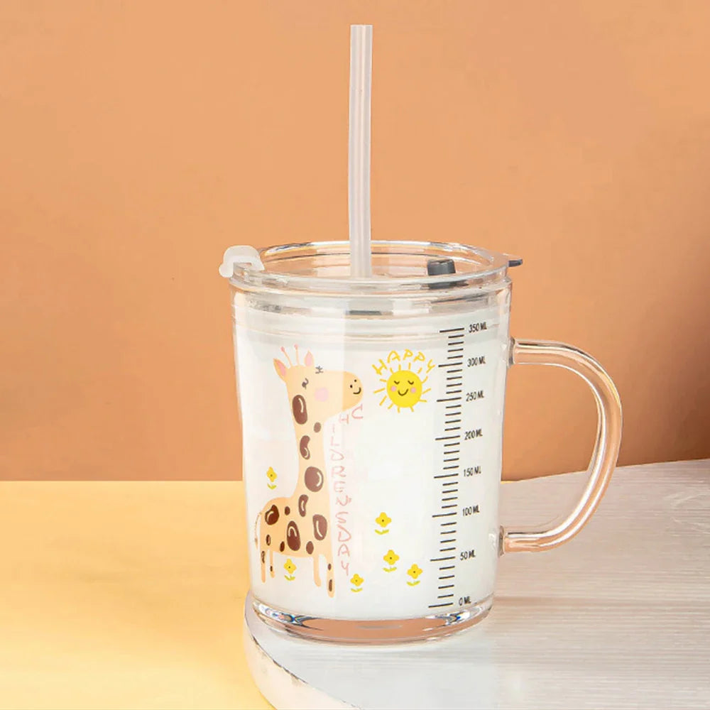 350ml Unicorn Kids Glass Cup with Straw Lid, Transparent Milk & Breakfast Cup with Measurement Scale
