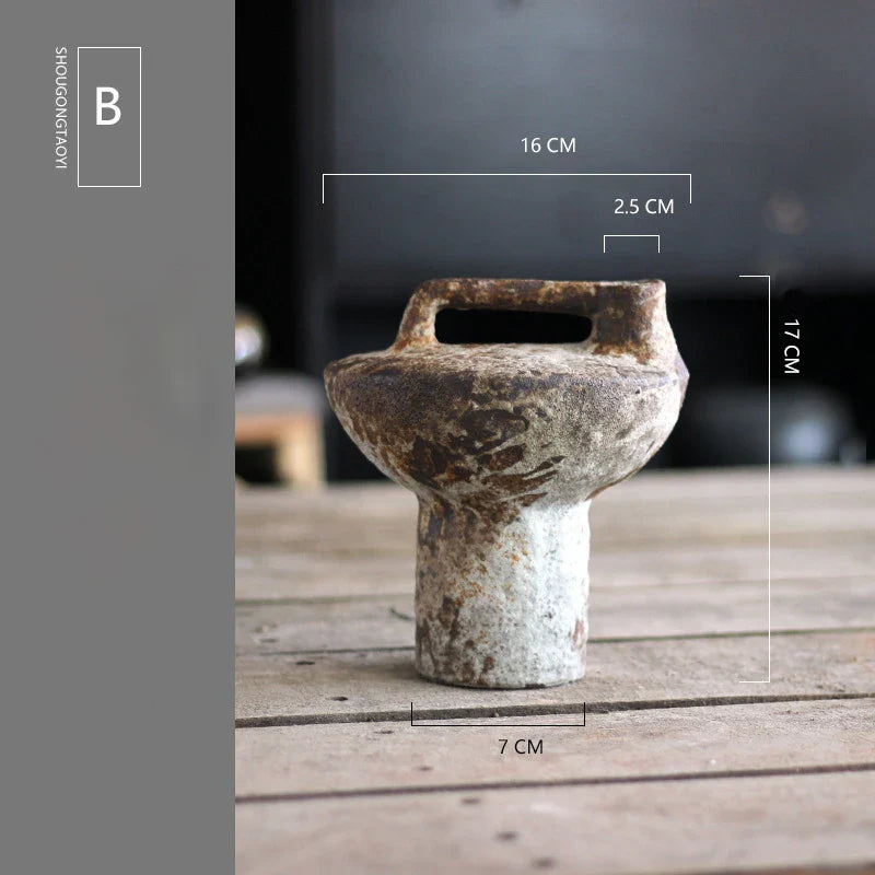 Handmade Ceramic Tabletop Vase - Rough Pottery Wabi-Sabi Vintage Farmhouse Vase for Dried Flowers & Flower Arrangements