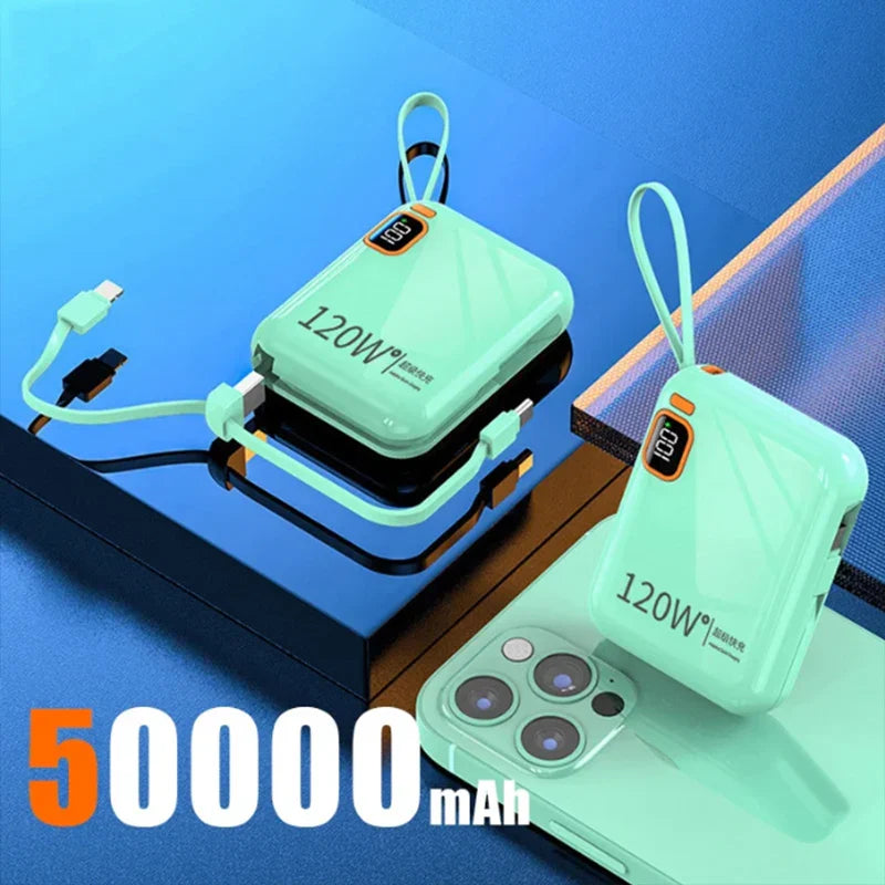 120W 50000mAh Portable Power Bank - Built-in Cables, LED Display & Flashlight, Two-Way Fast Charging for iPhone Samsung