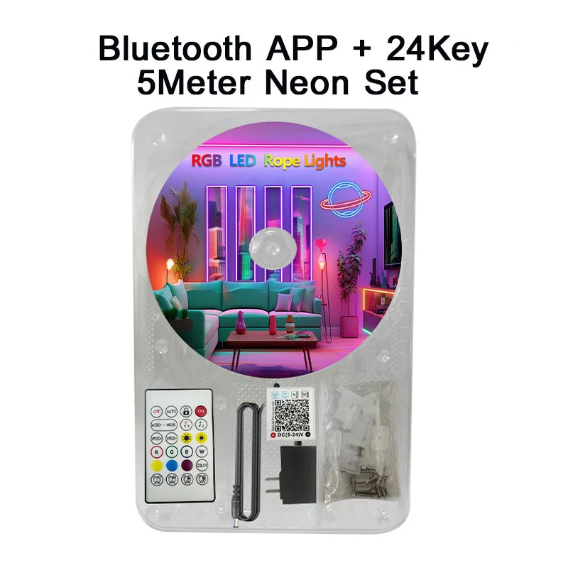 24V RGB LED Neon Strip Light – 5m/16.4ft, 10m/32.8ft, 15m/49.2ft, 20m/65.6ft, 30m/98.4ft | Bluetooth App & 24/44-Key Remote, Music Sync, 60 LED/m, IP67 Waterproof