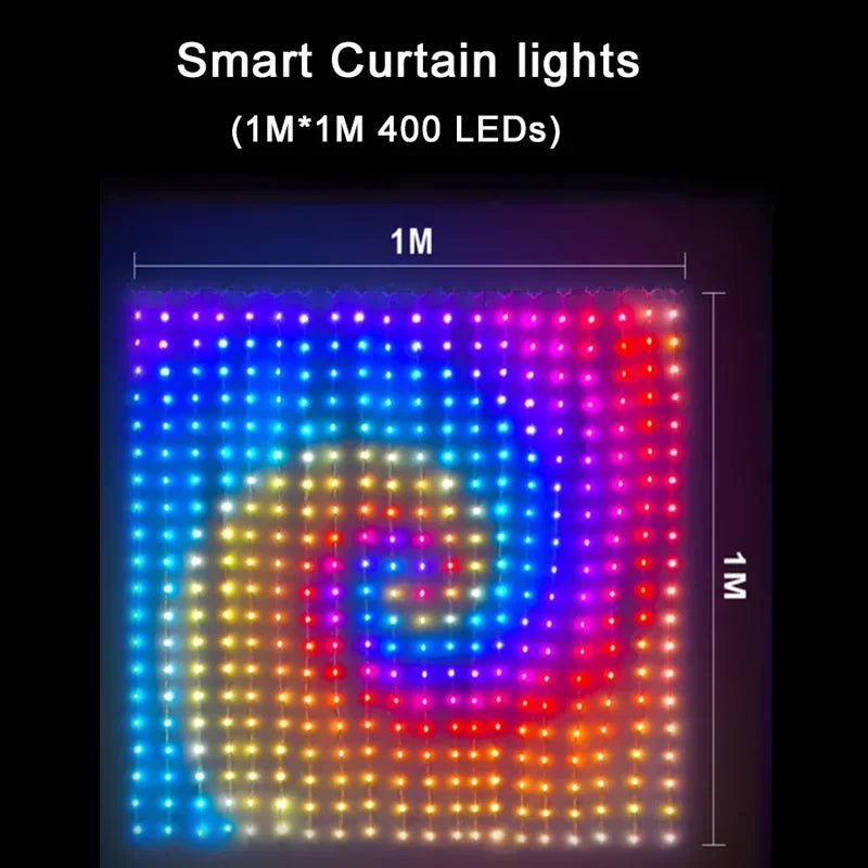LED Smart Curtain Lights 400-LED RGB Fairy Curtain – App & Music Sync, Remote, IP65 Waterproof (3m×3m / 9.8×9.8ft • 2m×2m / 6.6×6.6ft • 1m×1m / 3.3×3.3ft)