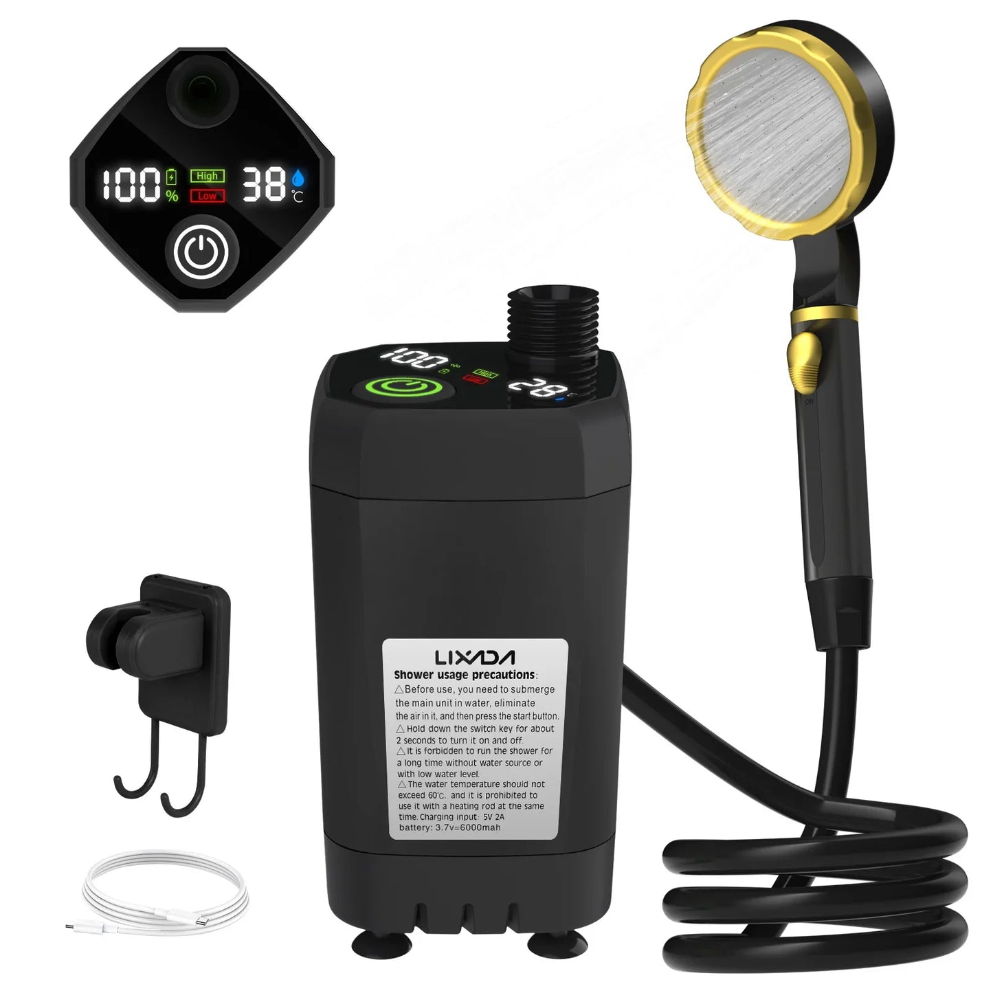 Portable Camping Shower Pump 6000mAh – USB Rechargeable RV Outdoor Shower Kit with Full-Screen Digital Display & Adjustable Energy-Saving Mode